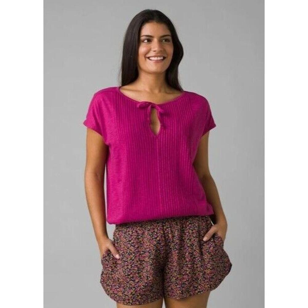 NWT prAna Cotton Ocupas Popover Rib Keyhole Tie Cap Sleeves Top S Orchid Pink